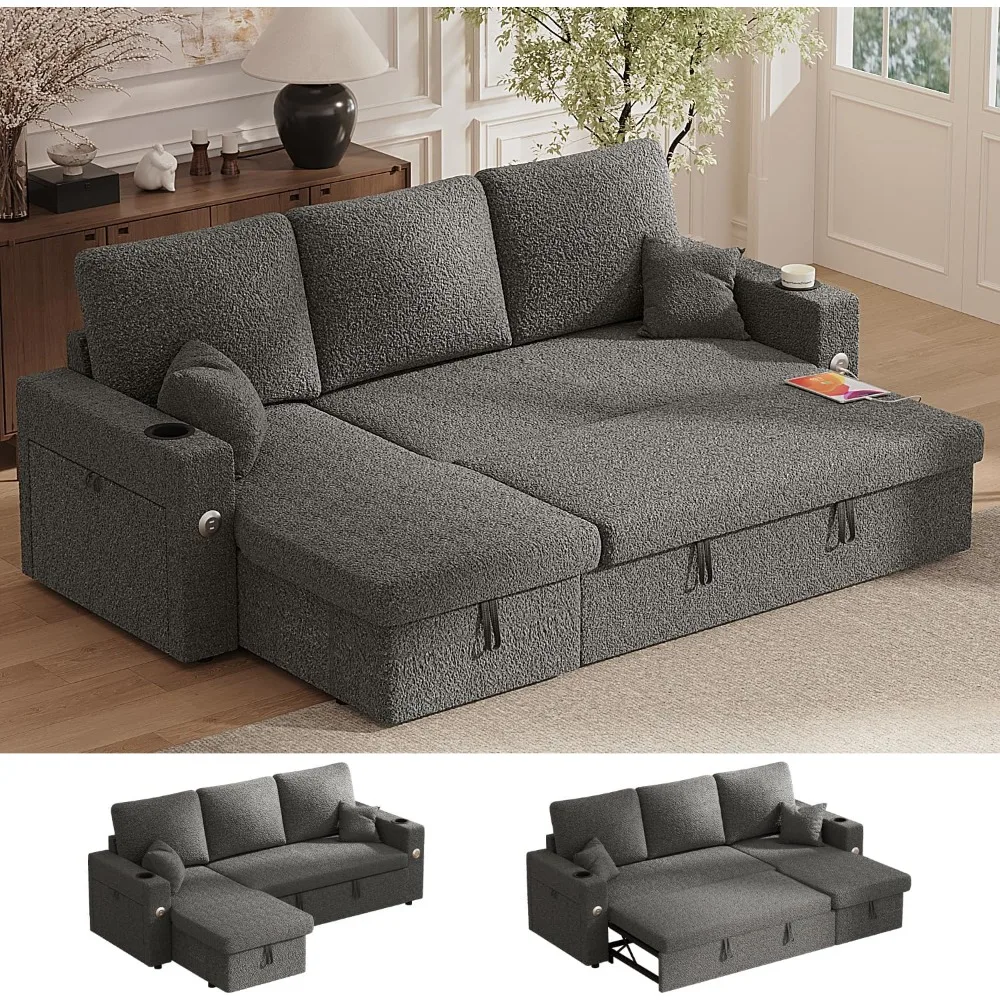 

Sleeper Sofa Bed, 4-in-1 Pull Out Couch with Reversible Chaise | Dual USB & Type-C Charging | Dual Cup Holders | Layered Storage