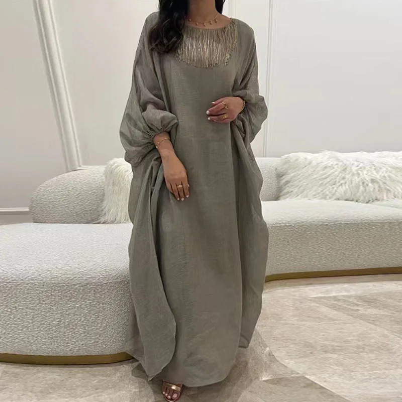 

Vintage O Neck Mesh Women Long Dress Casual Loose Straight Cotton Linen Dress Spring Fashion Tassel Lantern Sleeve Dress Vestido