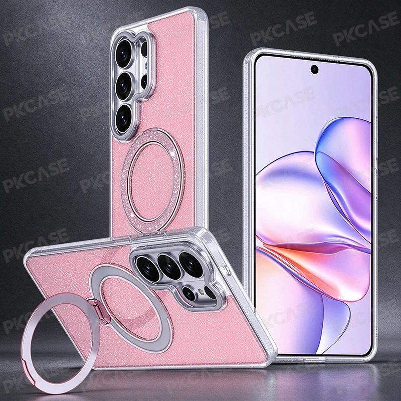 PKCASE Shockproof Glitter Phone Case For Samsung S26 S25 S24 Ultra Plus Magnetic Ring Bracket Cover For Galaxy S25 S24 FE