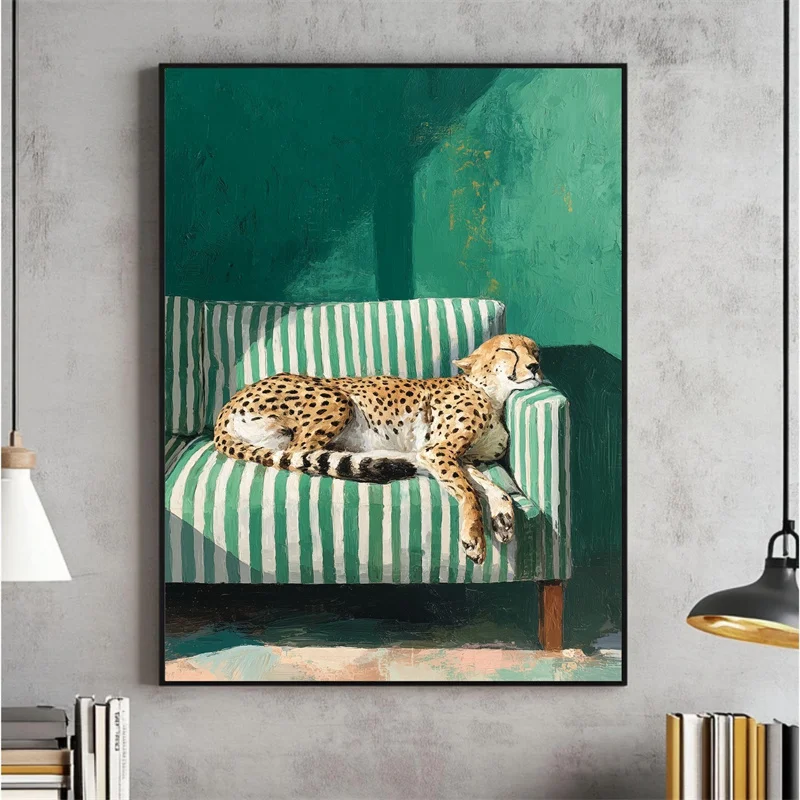 Leopard Drowsy Poster Cheetah Wall Poster Minimalist Home Decor Greenish-Gray Modern Fashion Leopard Print Canvas Painting