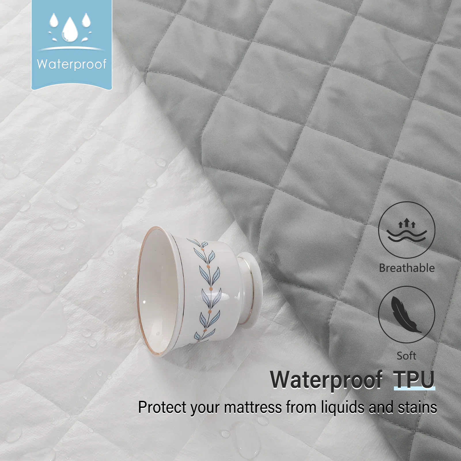 Protector de colchón impermeable Permeable al aire, Topper de colchón acolchado de tela cepillada para cama, funda de cama antiácaros