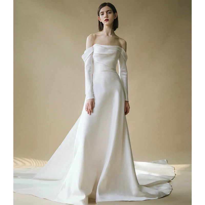 

Ele Satin Wedding Dr One oulder Long Train Simple Bride eeting Ceremony Dr for 8-25 Years Old Women