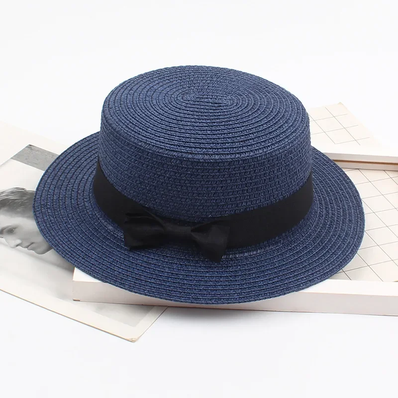 2022 Simple Summer Parent-child Beach Hat Female Casual Panama Hat Lady Brand Women Flat Brim Bowknot Straw Cap Girls Sun Hat