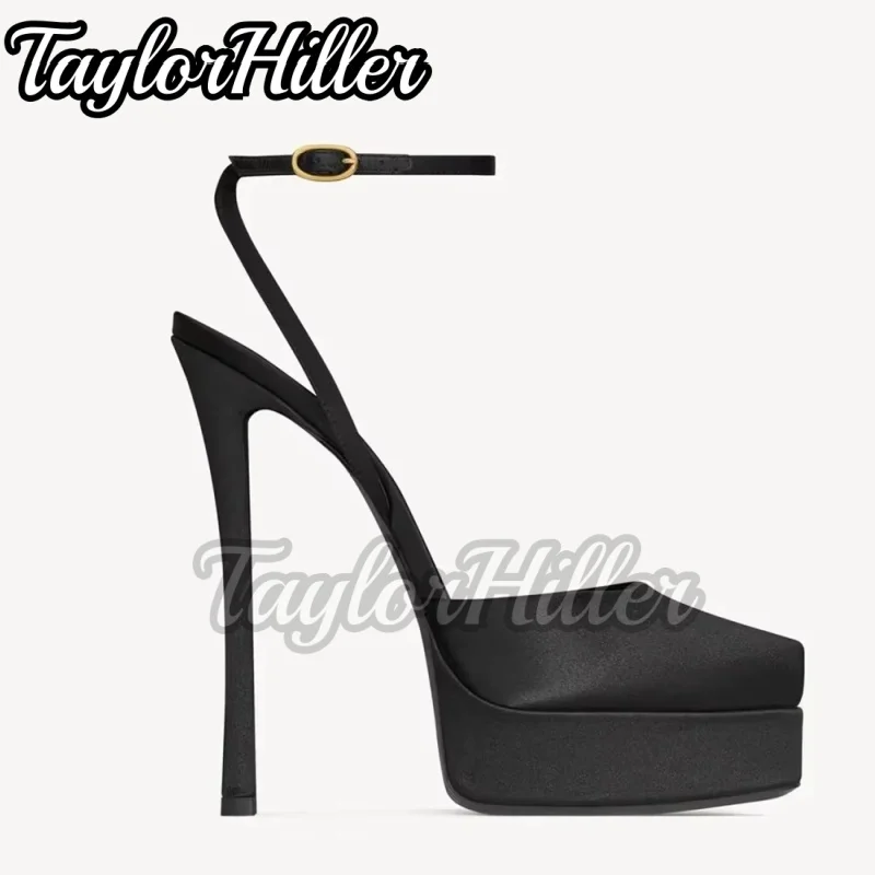 

Designer Satin Platform Heeled Sandals Peep Toe Shallow Buckle Strap Solid High Heels Women Luxury Fashion Leather Modern Shoes