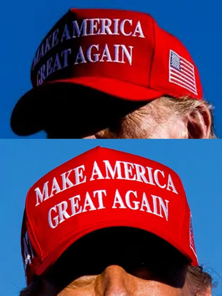 Boné Vermelho e Branco 2024 MAGA Donald Trump, 45-47 MAKE AMERICA GREAT AGAIN, Slogan, Ajustável, Bordado, Bandeira Americana dos EUA, Boné de Beisebol