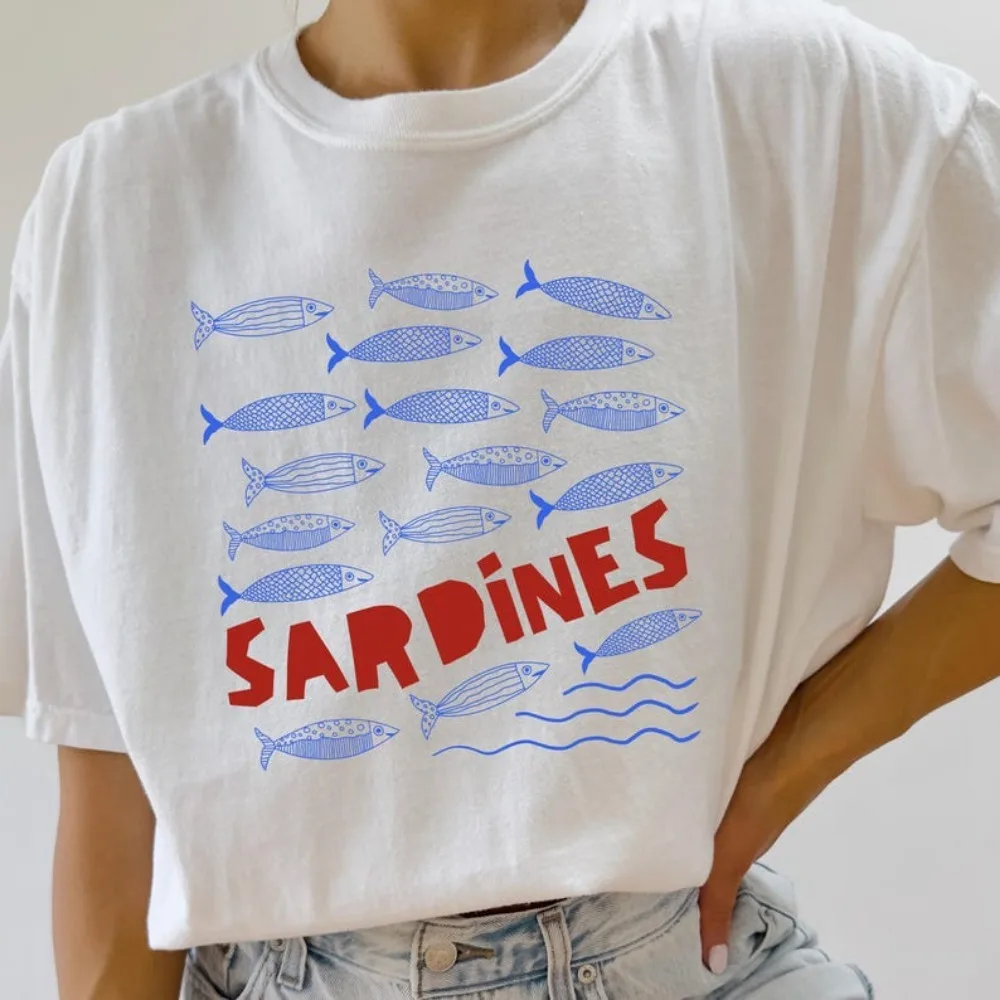Camisa de sardina Pescado enlatado Les Sardinas Estética costera Camisa de sardines Tomate Girl Italiano Verano Océano Inspirado Estilo Vintage