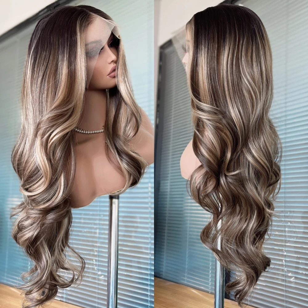 Perruque Lace Front Wig Synthétique Body Wave, Highlight, Swiss Transparent, Body Wave, Full Cosplay, 03/Wear, Brun, Automne, 13x4