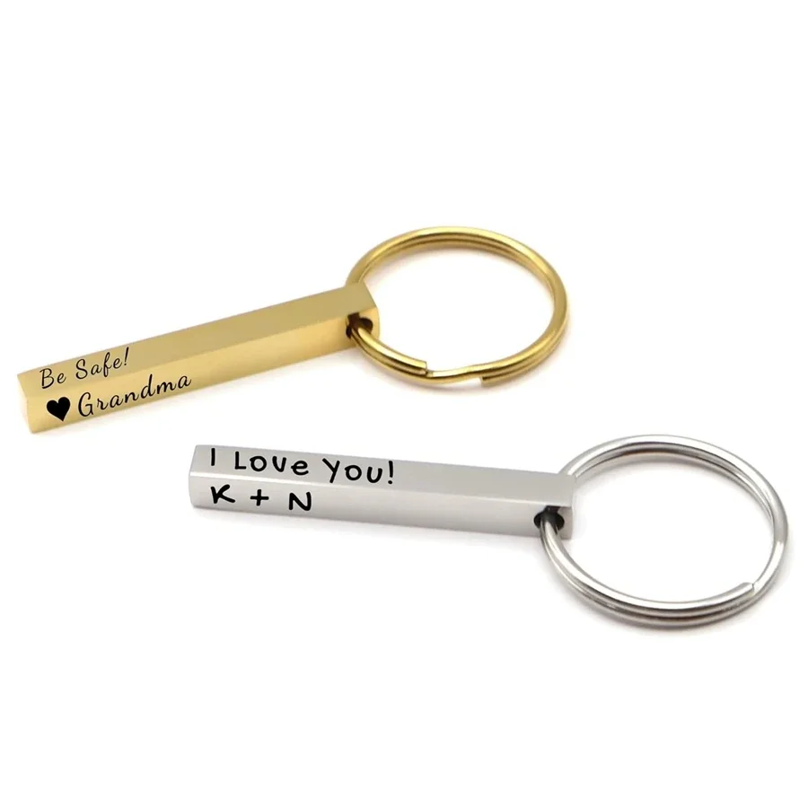 10pcs Stereoscopic Column Strip Keychain Stainless Steel Blank For Engraving Stamping Blank Rectangle Metal Keychains Key Ring
