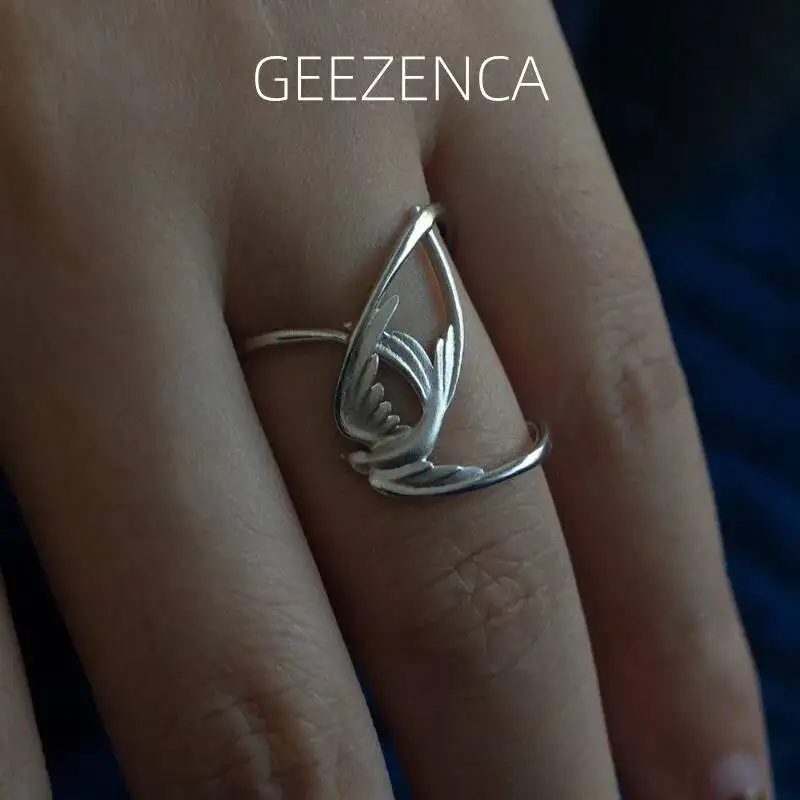 GEEZENCA 925 Sterling Silver Hollow Swallow Rings For Women Adjustable Open Flying Bird Ring Trendy Dainty Unique Jewelry Gift