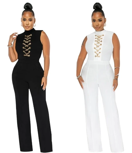 

Women's Sexy Solid Color Sleeveless Round Neck Jumpsuit Wide Leg Pants Luxury Elegant Woman Jumpsuit