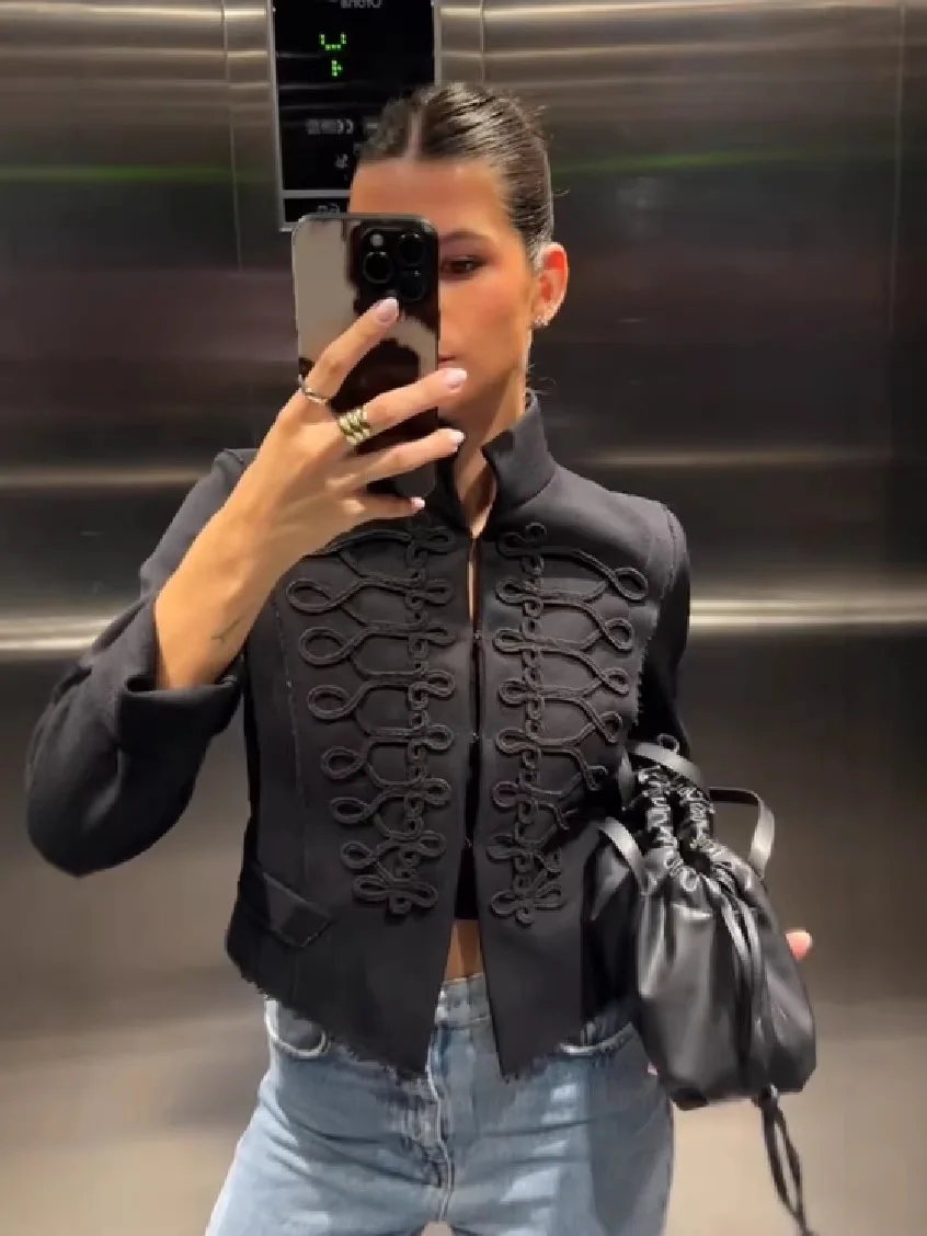 Chic Chinese Knot O-Neck Full Sleeve Cropped Jacket Women Mandarin Collar Napoleon Style High Street Daily Commuting Lady Coats
