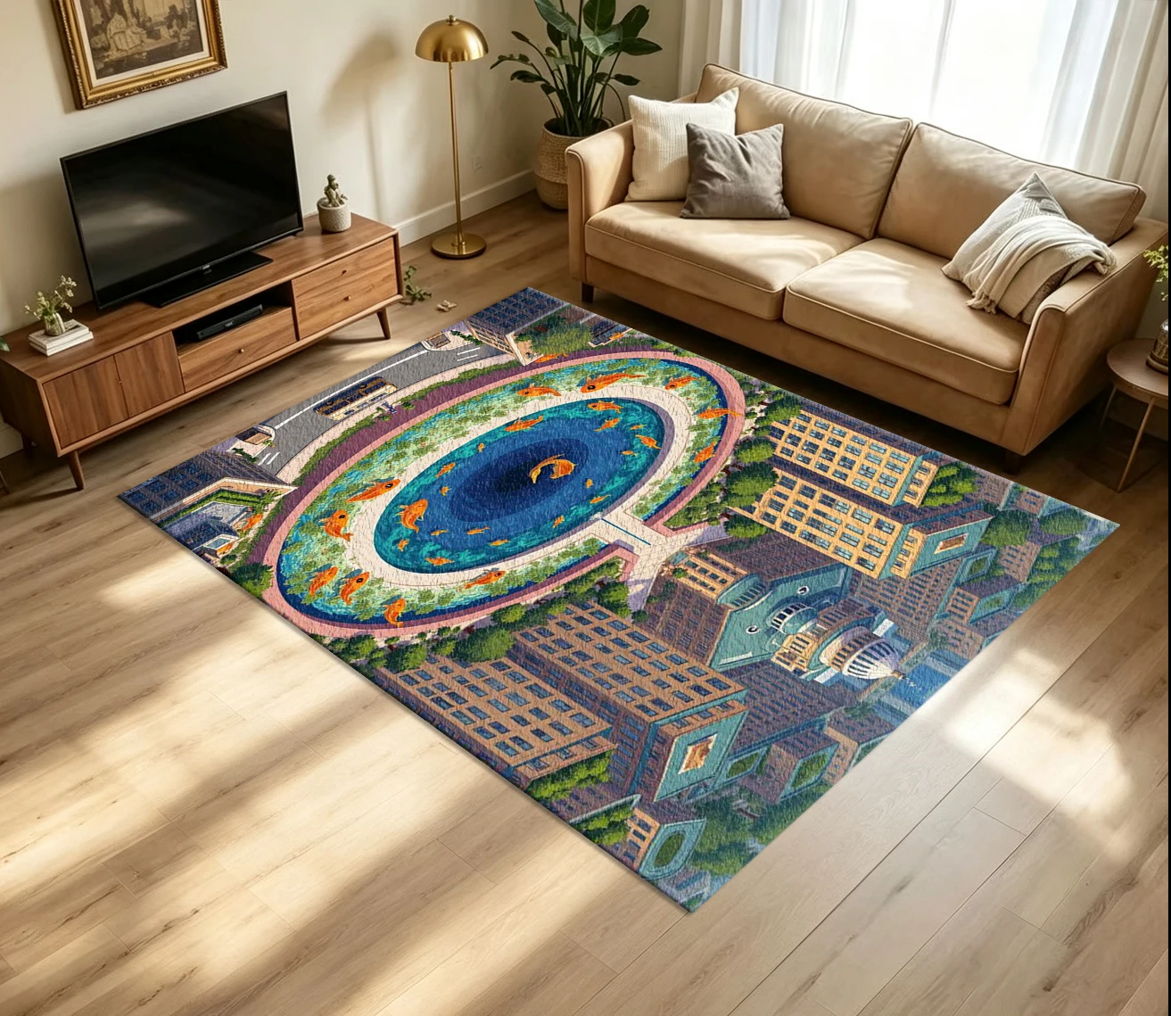 Anime Urban Koi Fish Pond Carpet Flooring Cartoon City Building Circular Goldfish Pool Scenery Printed Floor Rug for Household Indoor Vibrant Home Decor
