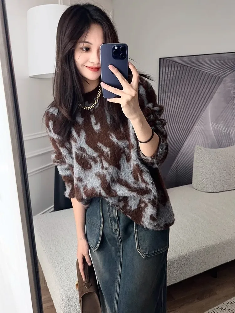 Customized Tiger Skin Roll Sweater Women'S Autumn And Winter Alpaca Wool Retro Jacquard Round Neck Knitted Top