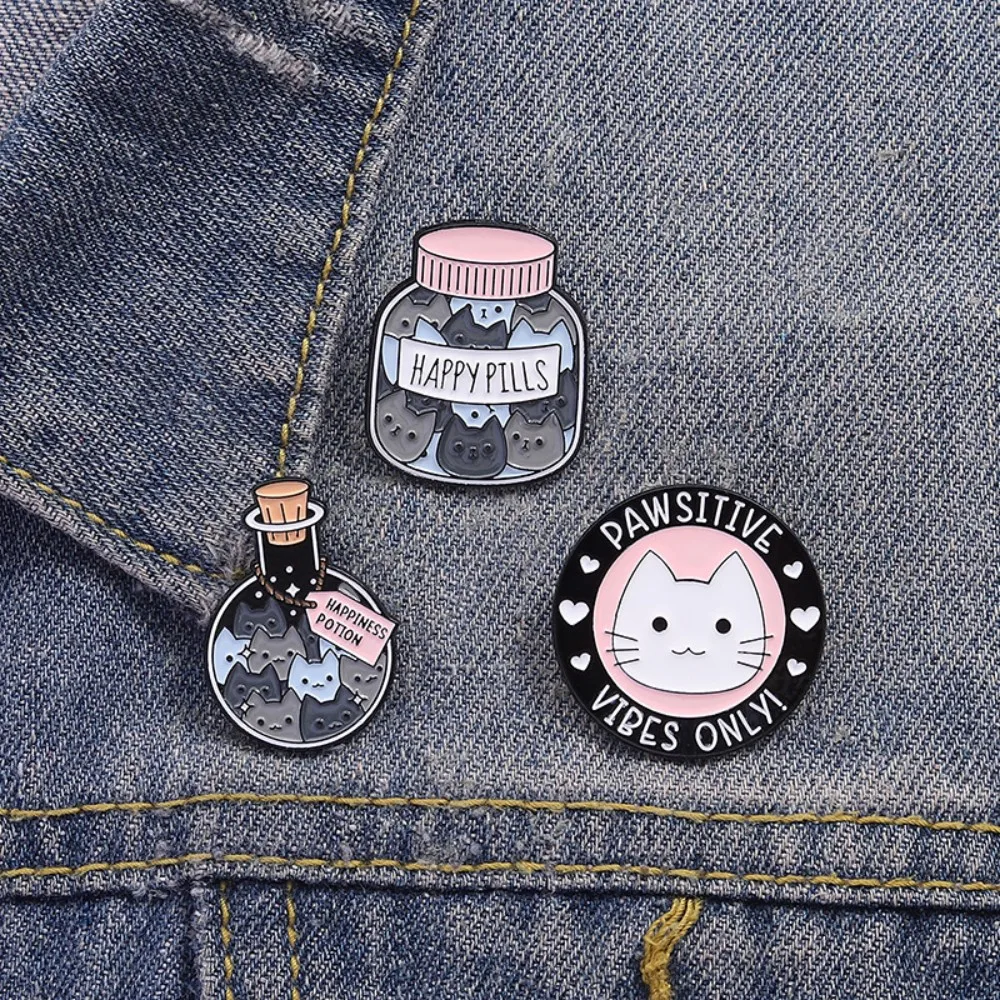 Cartoon Cat Happiness Potion Enamel Pins Pawsitive Vibes Only Kawaii Bottle Cat Brooch Lapel Badge Animals Pet Cats Jewelry Gift