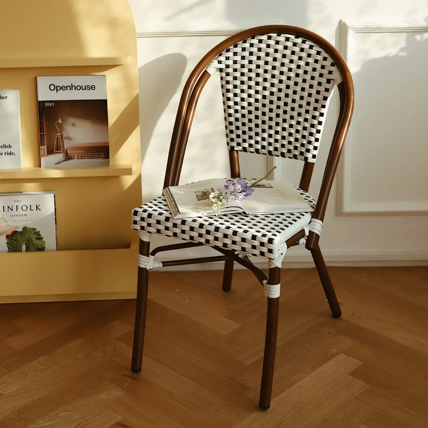 

Outdoor French dining table and chairs PE rattan courtyard dining chair Back chair Home milk tea shop Outdoor retro dining chair