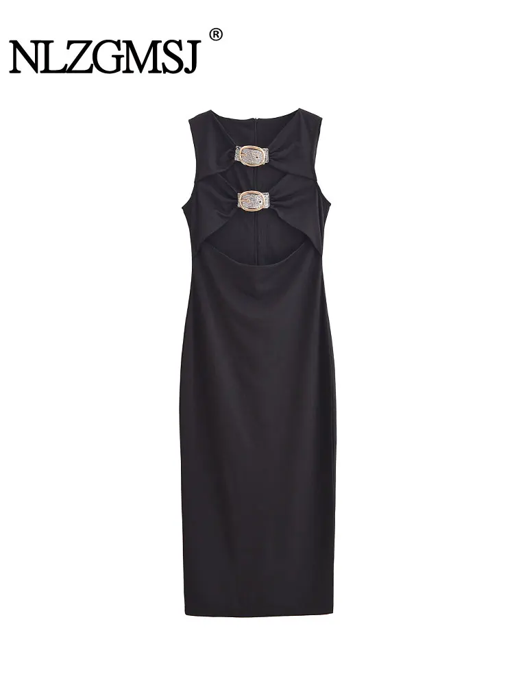 2025年 レディース ブラック カットアウト ロングドレス エレガント パーティー イブニング ミディドレス レディース ファッション カジュアル ノースリーブ セクシードレス