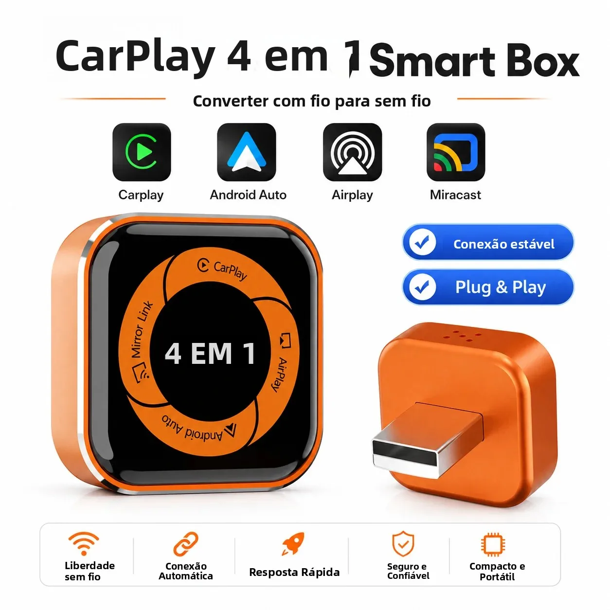 Adaptador CarRocke 4 em 1 Novo para Carplay, Android Auto Sem Fio, Espelhamento de Tela, Smart Mini AI Box, USB Plug and Play, Conexão Automática WiFi