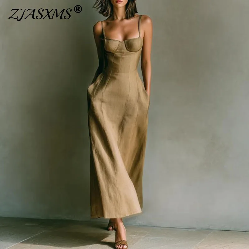 Damen Spaghetti-Träger Korsett-Maxikleid für den Sommer, ärmellos, einfarbig, mit Taschen, sexy trägerloses Boho-Kleid für den Frühling