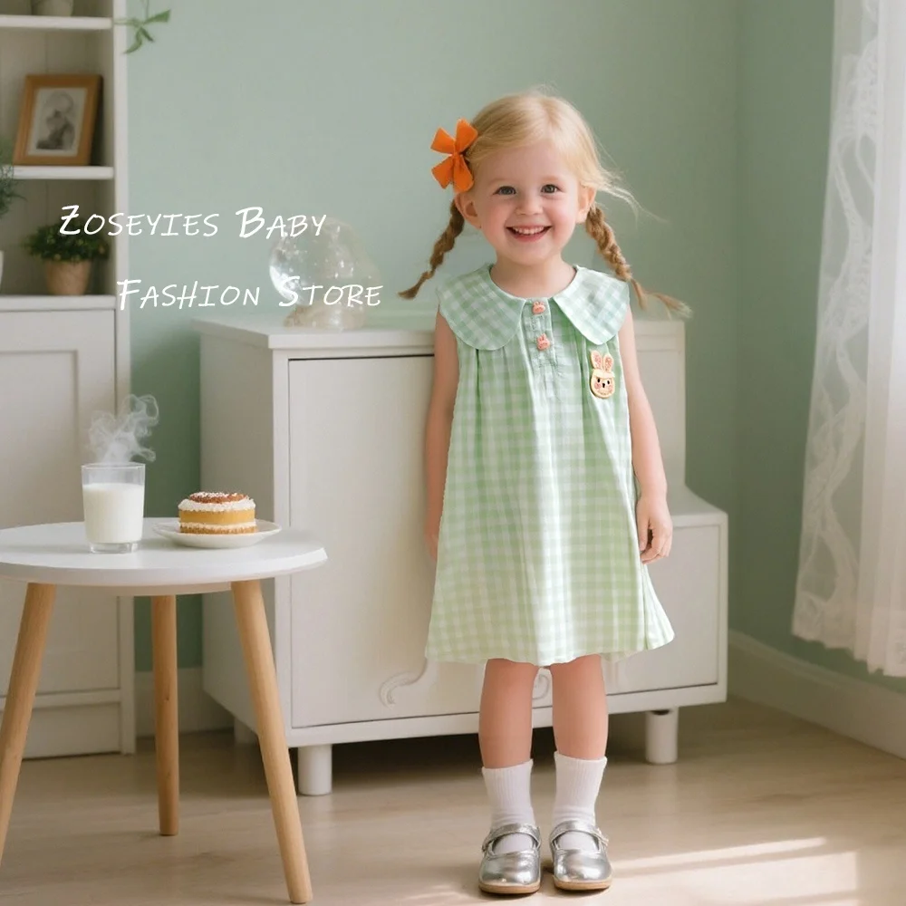 Girls Dresses Summer Cotton Plaid Sleeveless Baby Girl Dresses Cute Lapel Girls Beach Dresses Baby Girl Clothes