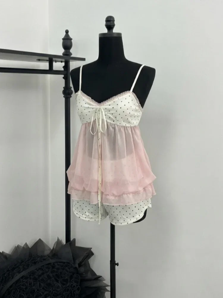 IMU Summer French Sweet Coquette 2 Piece Set Women Polka Dot Lace Spaghetti Strap Ruched Top High Waist Shorts Casual Outfit 202
