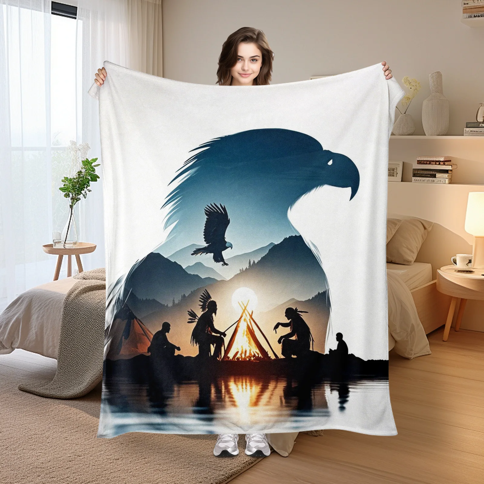 Eagle Silhouette Inspired Creative Mountain And Farming Themed Blanket For Rustic And Nature Inspired Living Space Accent