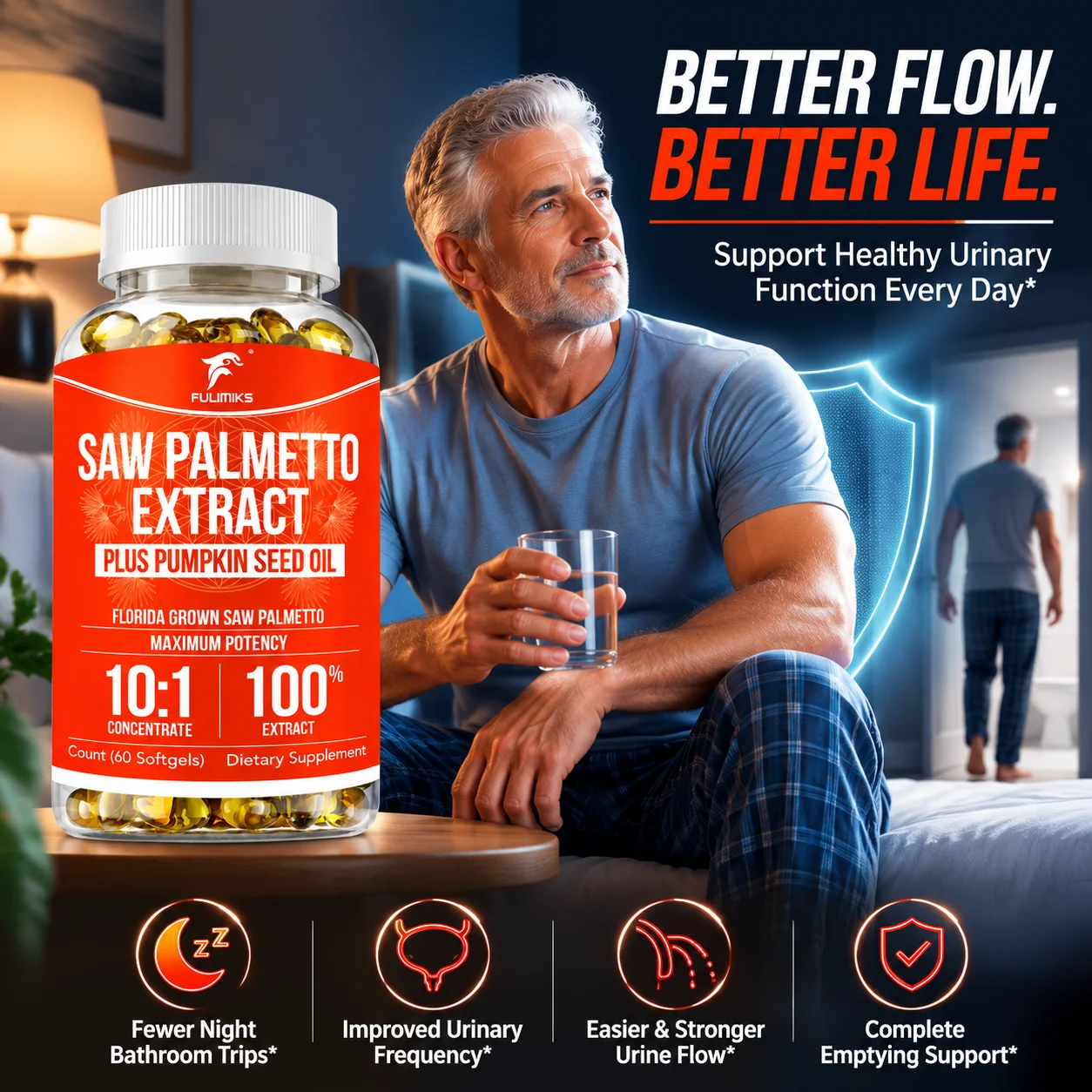 Men’s Saw Palmetto Plus Pumpkin Seed Oil Supplement, Support Urinary Tract Bladder & Prostate Health Reduce Night Bathroom Trips