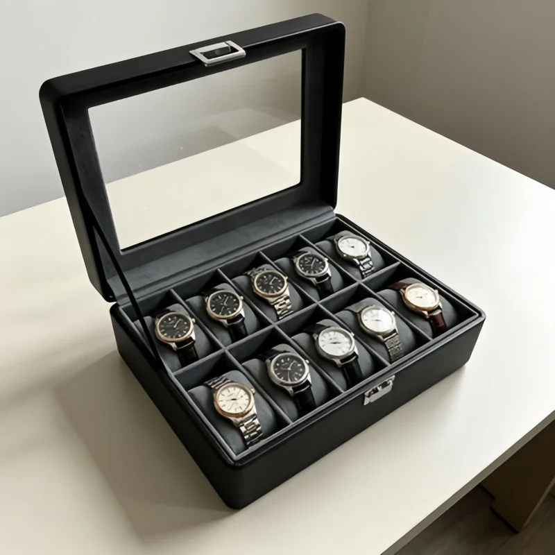 Business Gift 10 Slot Leather Watch Box Set, Lockable Watch Organizer + 4 Self-Closing Pouches for Colleagues Boss
