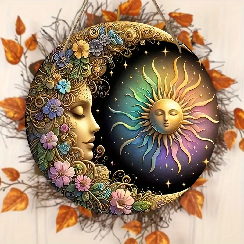 Art mural bohème soleil et lune plat 2D, 1 pièce, plaque circulaire en bois avec soleil doré, femme sérène et motif floral