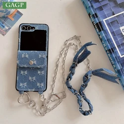 Card Solt Bag Denim Fabric Wallet Wrist Strap Case For Samsung Galaxy Z Flip 6 5 Fold 4 3 Bow Knot Shoulder Chain Lanyard Cover