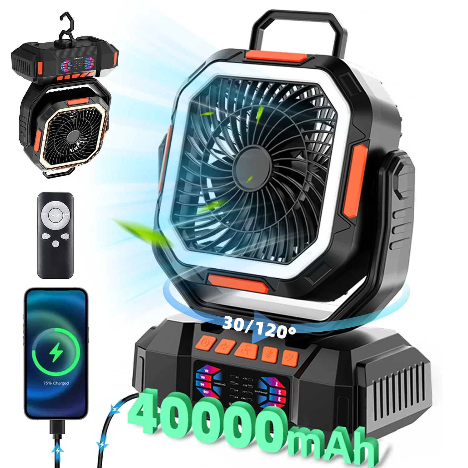 

Portable Camping Fan 40000mAh Battery Powered with Remote & LED 4 Speed Desk/Outdoor/Gym Fan for Office Travel Camping Gear