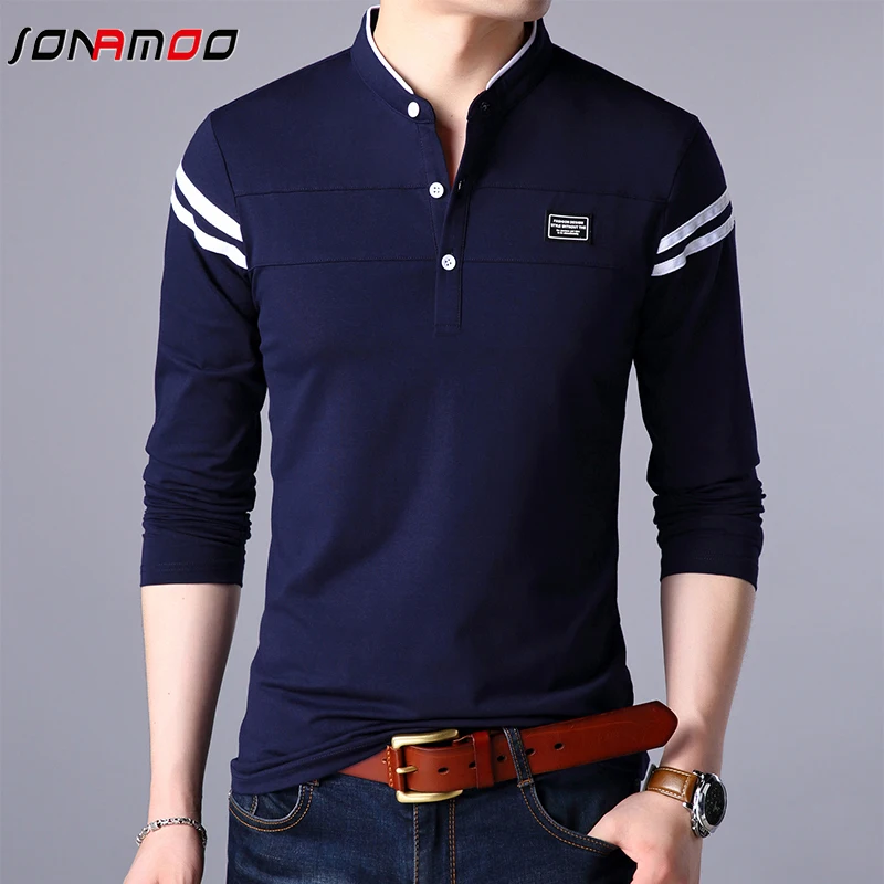 Men\'s Fashion Summer Long Sleeved POLO T-shirt Casual Cotton Breathable Top Stand Up Neck Long Sleeve Korean Comfortable Shirt