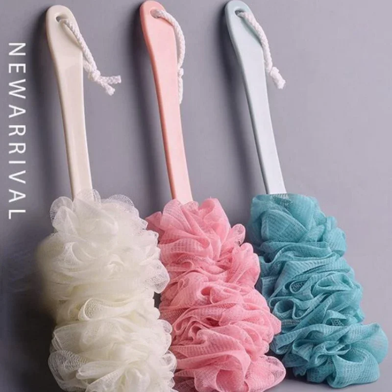 Shower Brush Exfoliating Scrubber Soft Shower Long Handle Hanging Mesh Back Body Bath Shower Scrubber Brush Sponge for Bathroom