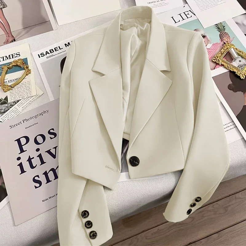 EVNISI Autumn Woman Cropped Blazers Trend All-match Notched Collar Crop Jacket Female Korean Chic Buttons Up Suit Coat 2024 New