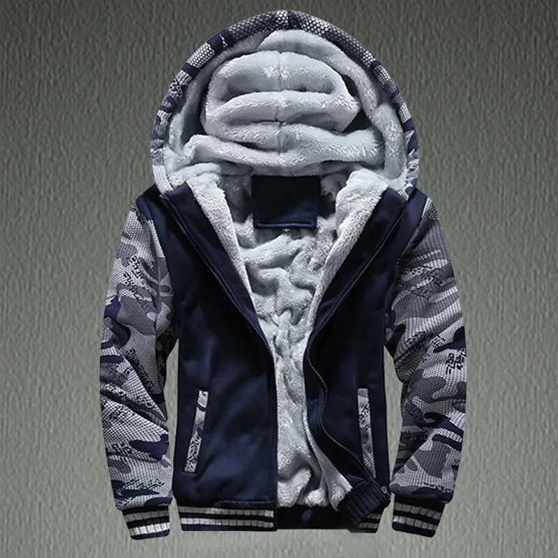 2026 Autumn New Camouflage Splice Zipper Hoodie Coat Men Fashion Winter Warm Plush Lining Casual Sports Hooded Jacket Streetwear