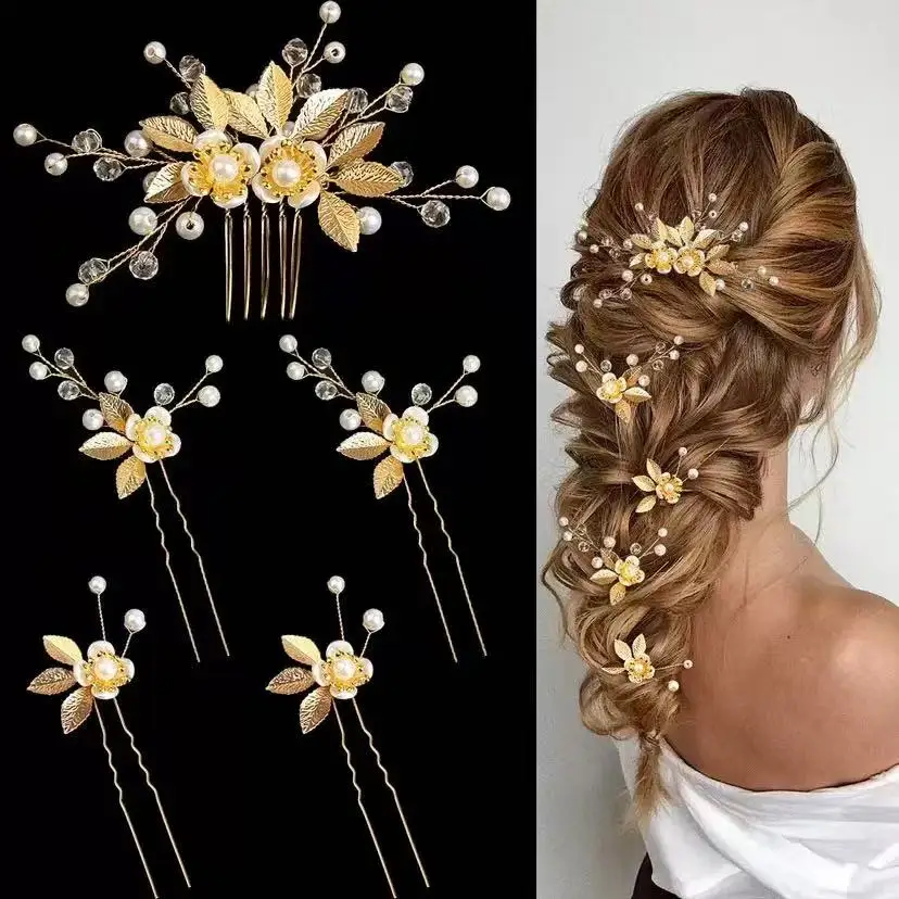 Handmade Fashion Crystal Flower Hair Comb Clip Pearl Leaf Hairpin Bridal Wedding Hair Accessories Jewelry Hair Comb Clip Hairpin