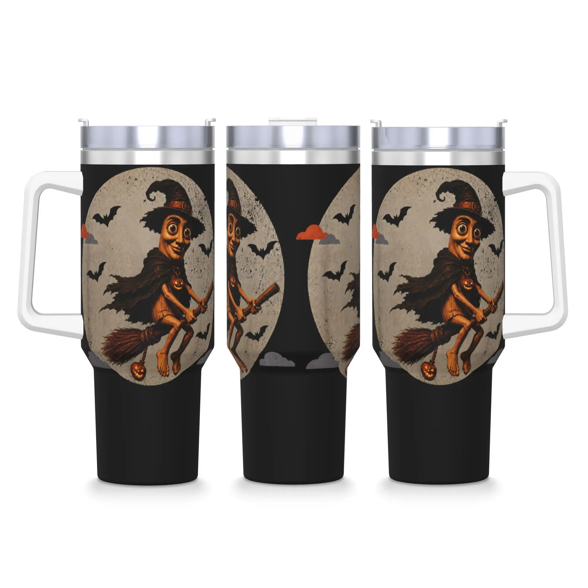 Stainless Steel Tumbler Tung Tung Sahur Flying Witch Costume Halloween Meme Mugs Cup With Straws Cold Drink Water Bottle