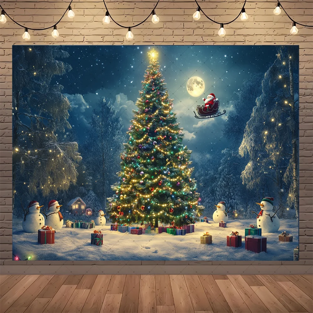 

Big Christmas Tree Photography Background Forest Colorful Lamp Gift Party Decoration Snowman Santa Claus Photo Backdrop