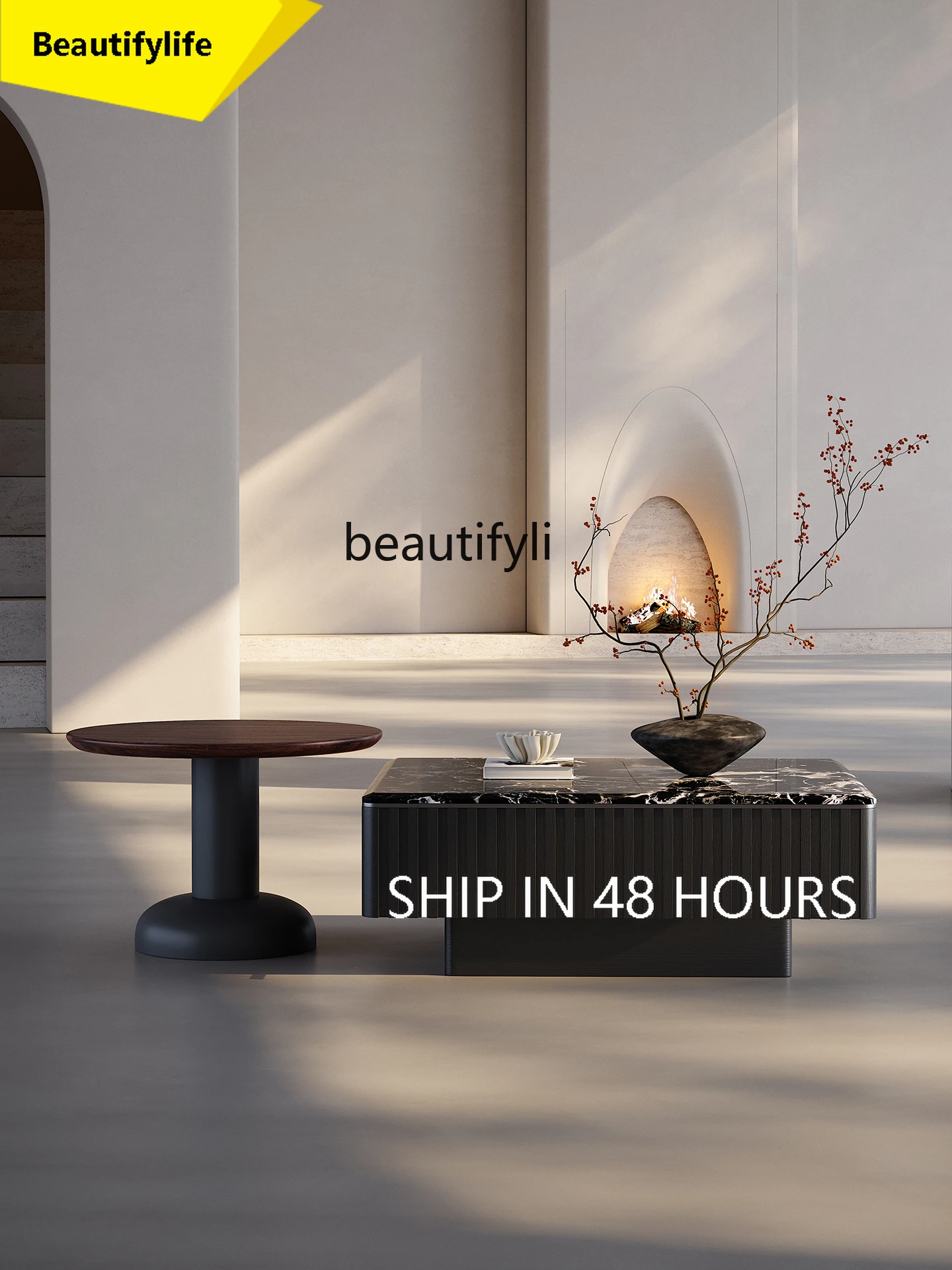 

Minimalist marble coffee table living room home modern simple light luxury high-end black square coffee table combination