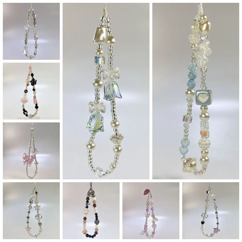 Y2K Silver Cell Phone Strap Clear Star Sweet Girl Phone Lanyard Hanging Cord Pendant Beads Phone Chain Bracelet Keychain