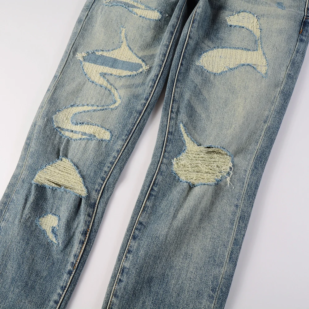 Men Ripped Distressed Jeans Streetwear Skinny Tapered Stretch Denim Pants Holes Patchwork Trousers