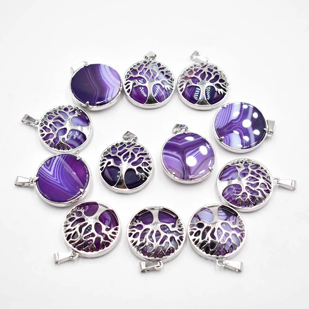 

Wholesale 12pcs/lot new fashion natural Purple Stripe onyx alloy tree of life Pendants for jewelry accessories marking free