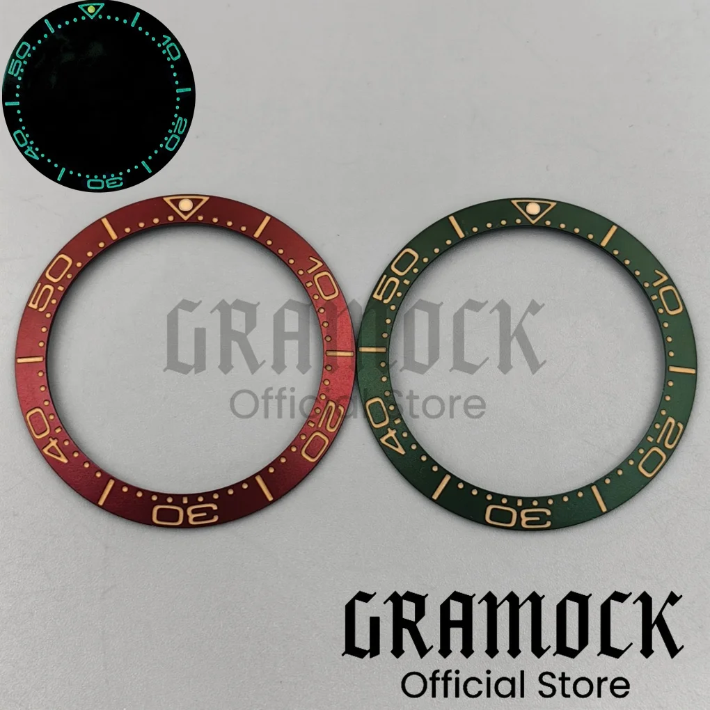 Gramock Vintage 38mm Aluminum Brushed Burgundy Red Green Watch Bezel Lume Fit 41mm Watch Case For Diving Watch Accessories Part