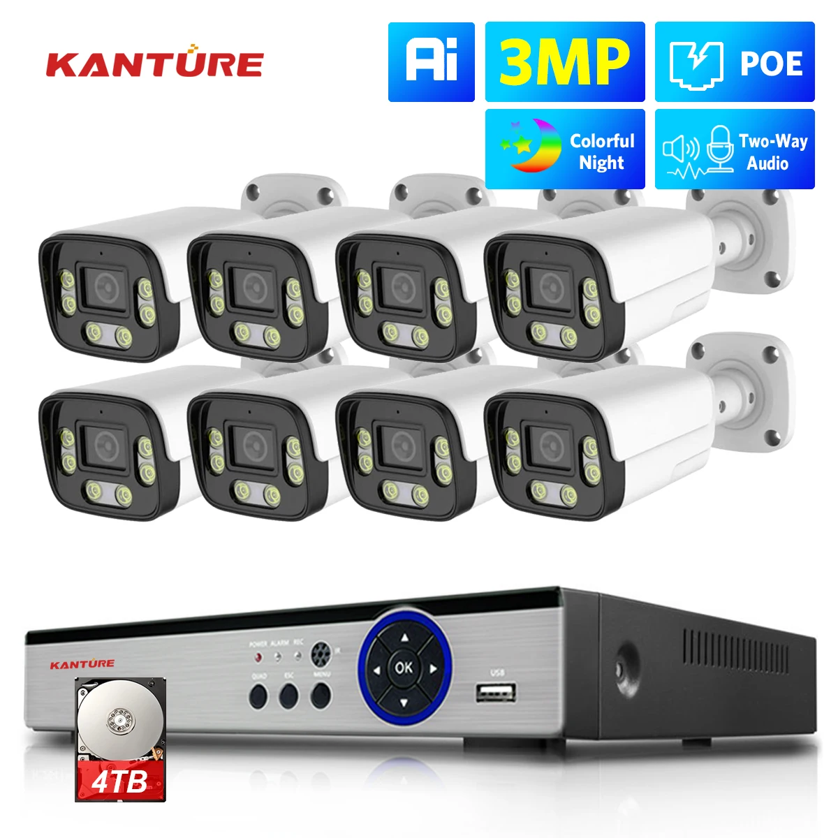 KANTURE H.265 8CH 3MP Ai Human Detection Outdoor Two Way Audio Color Night Security Camera System Video Surveillance Kit Xmeye