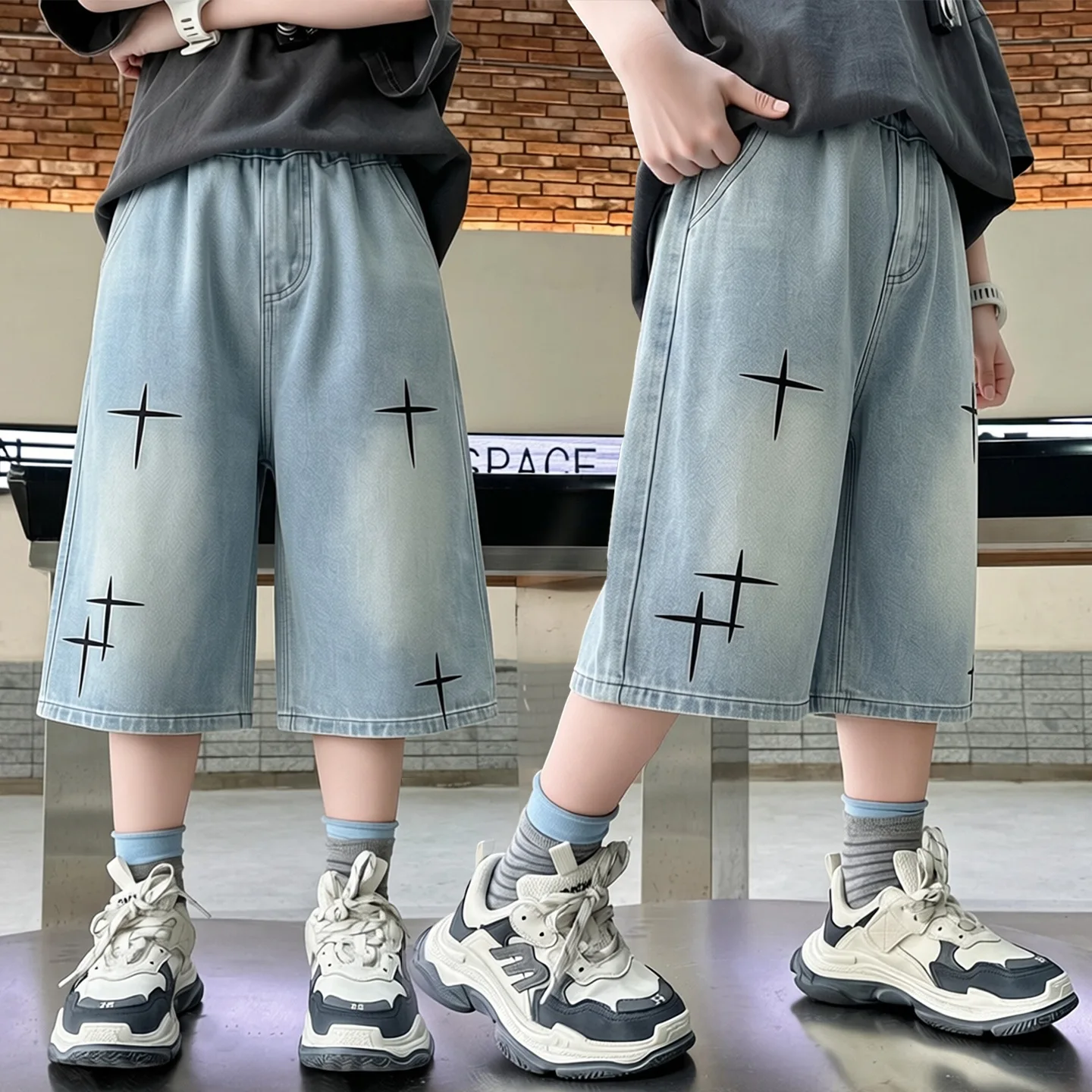 Hot Sale Tweens Child Casual Jeans Shorts for Teenager Boy Cross-stitch Print Denim Shorts Trendy Brand Kids Knee-Length Pants