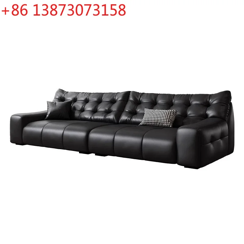 Living room leather sofa first layer cowhide high backrest black leather art sofa