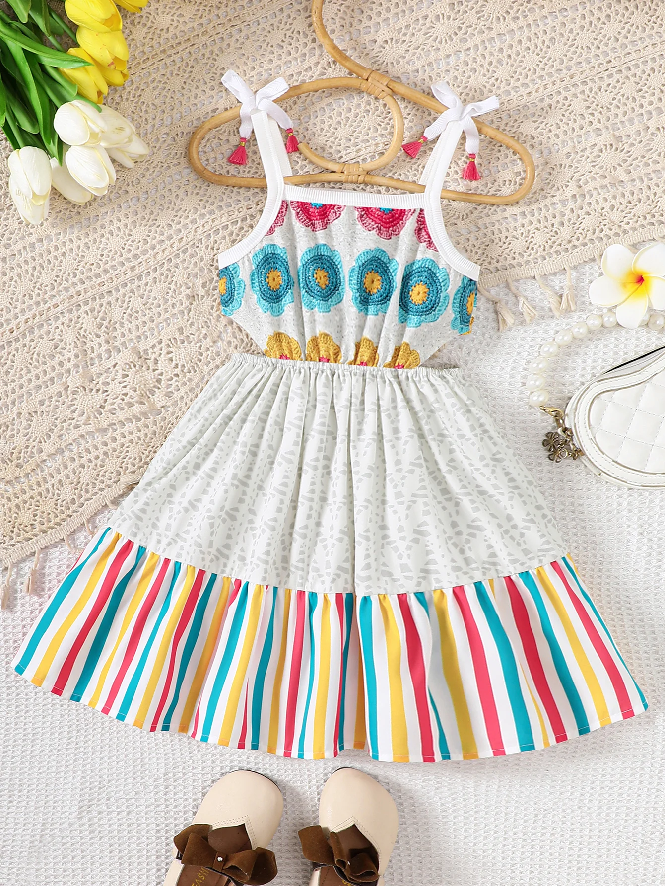 Girls Summer New Product Retro Ethnic Style Fake Dress Fashionable Colorful Stripe Spliced Children's Skirt 2-6 Years Old