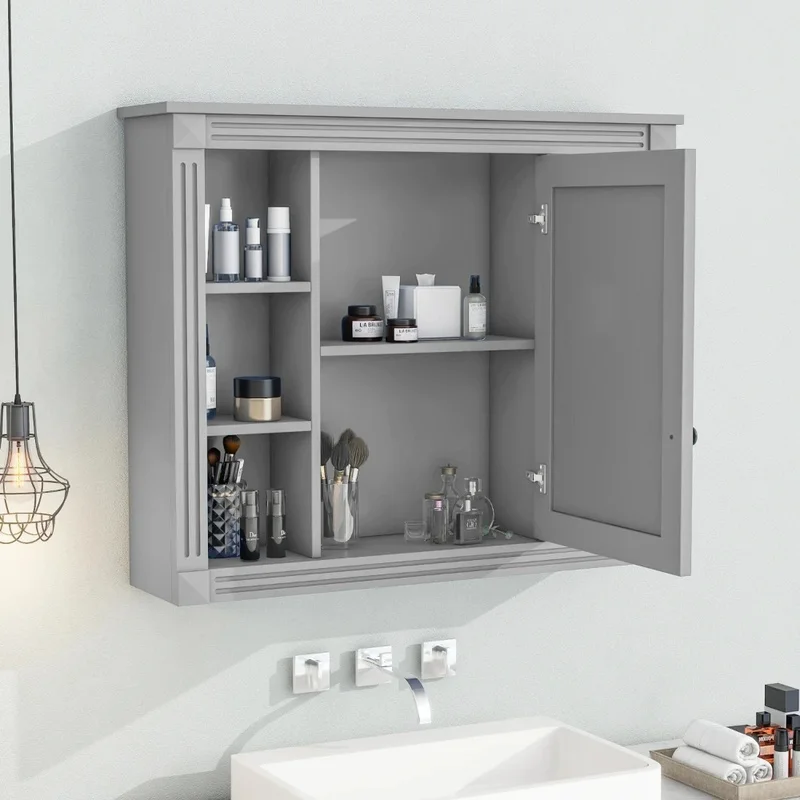 

Bathroom Mirror Cabinet with 6 Shelves, Wall-Mounted, 35x28 Inches
