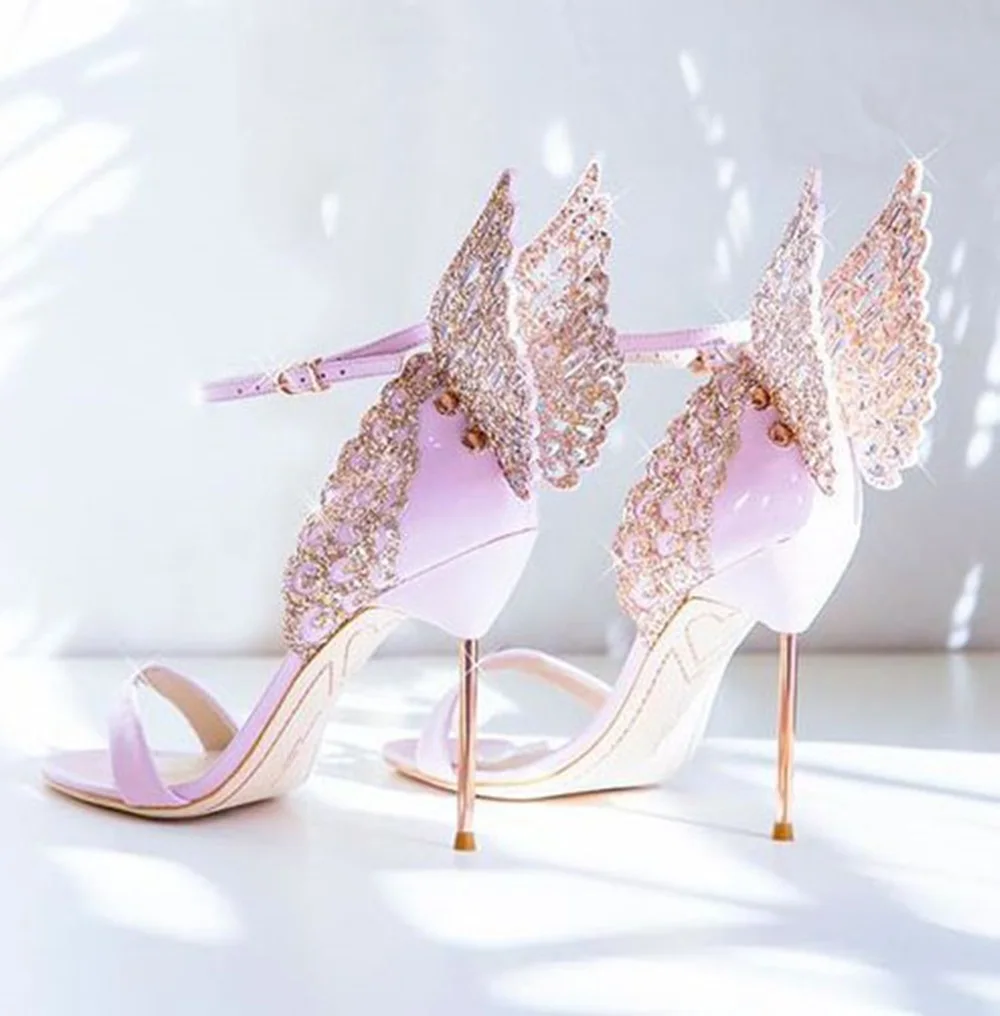 

High-end Women Pinnk Butterfly Sandals Metal Stiletto Heel Metallic Cut-outs Pumps Bling Bling Crystal Celebrity Wedding Shoes