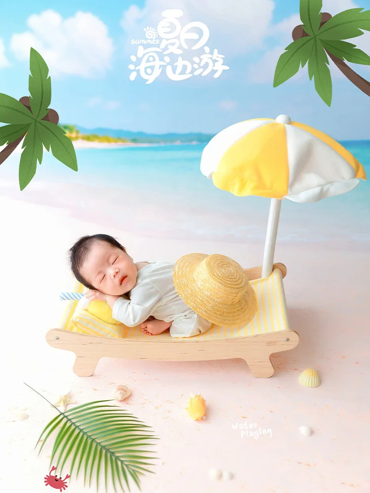 Newborn Photography Props Summer Beach Themed Baby Boy Photo Outfit Mini Beach Lounge Chair Infant Studio Photoshoot Accessories