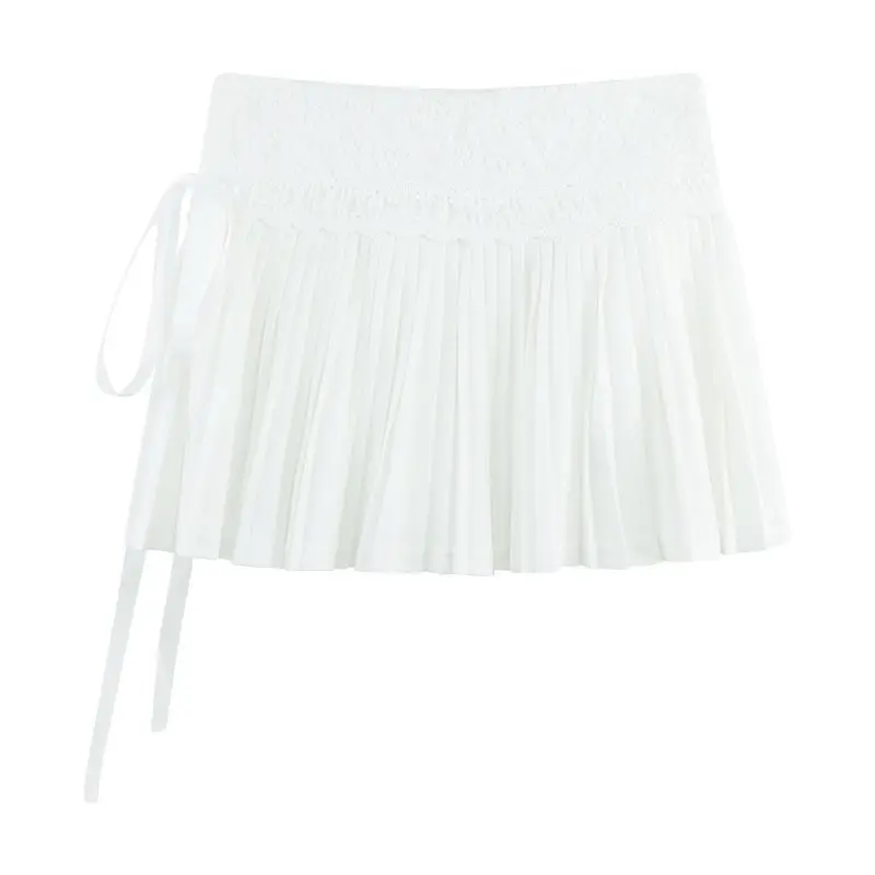 Kawaii لطيف الأبيض تنورة صغيرة النساء Y2K أزياء من الدانتل المرقعة مطوي التنانير الصيف الكورية Preppy الدانتيل يصل عادية ألف خط Faldas